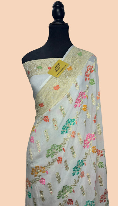 White Khaddi Georgette Banarasi Saree - Meenakari