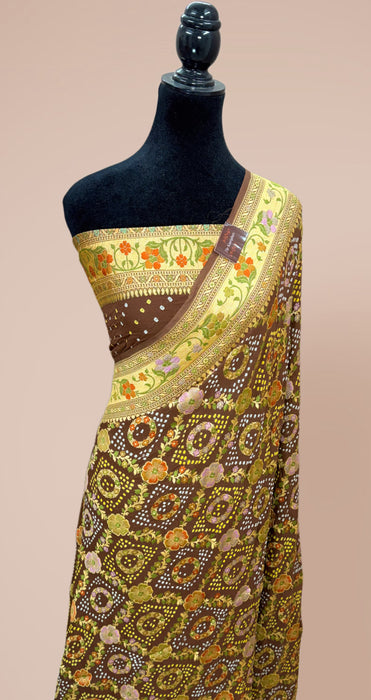 Handwoven Pure Georgette Bandhani Banarasi Saree - Meenakari Work