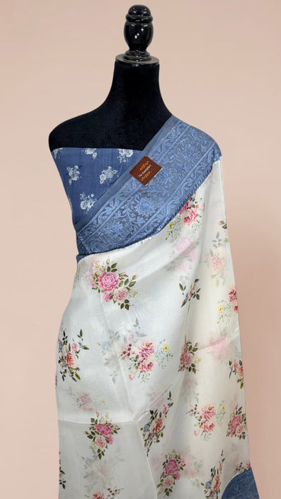 Pure Organza Banarasi Handloom Saree - Chikankari with Digital Print