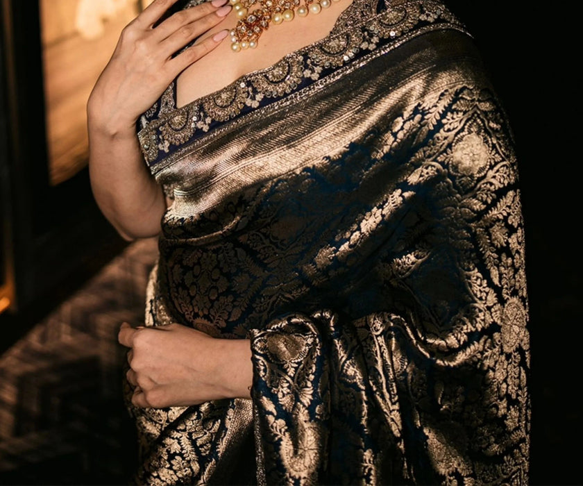 Midnight Pure Katan Silk Banarasi Handloom Saree - Brocade Tanchui