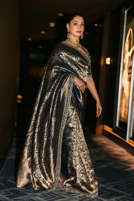 Tamanna Bhatia Midnight Pure Katan Silk Banarasi Handloom Saree - Brocade Tanchui