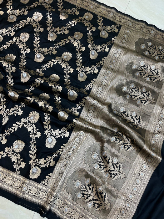 Black Pure Katan Banarasi Handloom Saree -Sona Roopa Jaal Work
