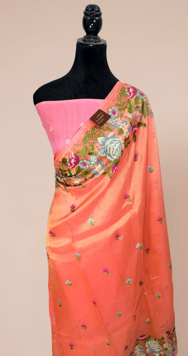 Italian Peach Pure Tissue Banarasi Handloom Saree - Chikankari