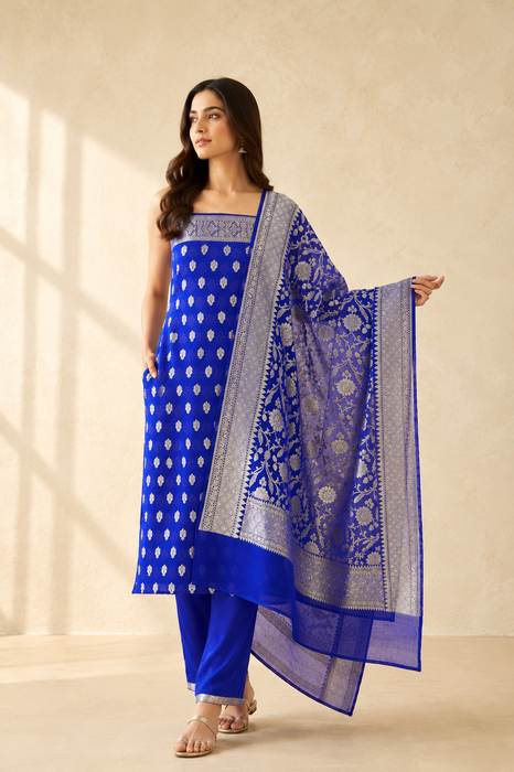 Royal Blue Pure Khaddi Georgette Banarasi Suit
