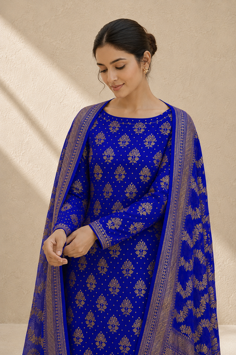 Blue Pure Khaddi Georgette Banarasi Suit