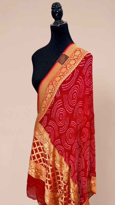 Red Pure Georgette Bandhani Banarasi Handloom Dupatta