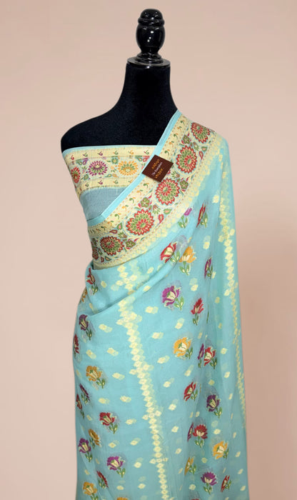 Light Blue Pure Khaddi Chiffon Banarasi Saree