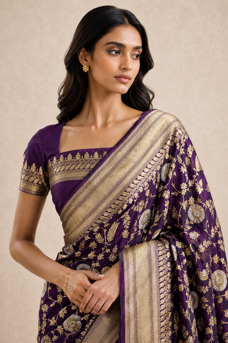 Magenta Pure Katan Silk Banarasi Handloom Saree - Sona Roopa Jaal work