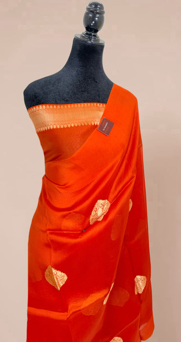 Italian Orange Pure Kora Organza Banarasi Handloom Saree