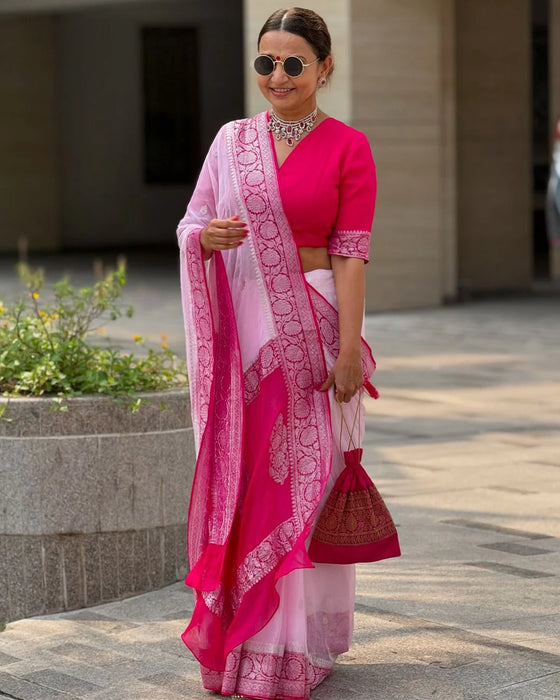 Pure Kadhwa Chiffon Georgette Banarasi Saree - Silver Zari