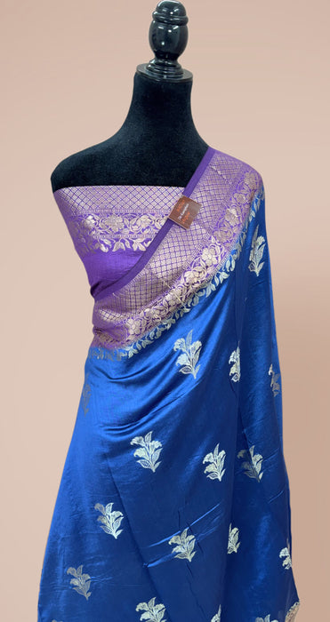 Italian Blue Pure Raw Mango Banarasi Handloom Saree - Designer Motifs
