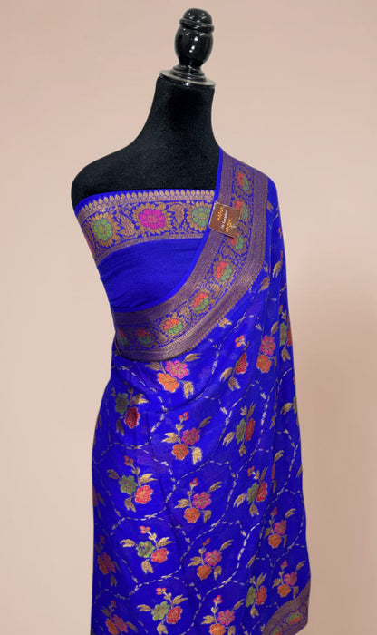 Royal Blue Pure Khaddi Chiffon Banarasi Saree