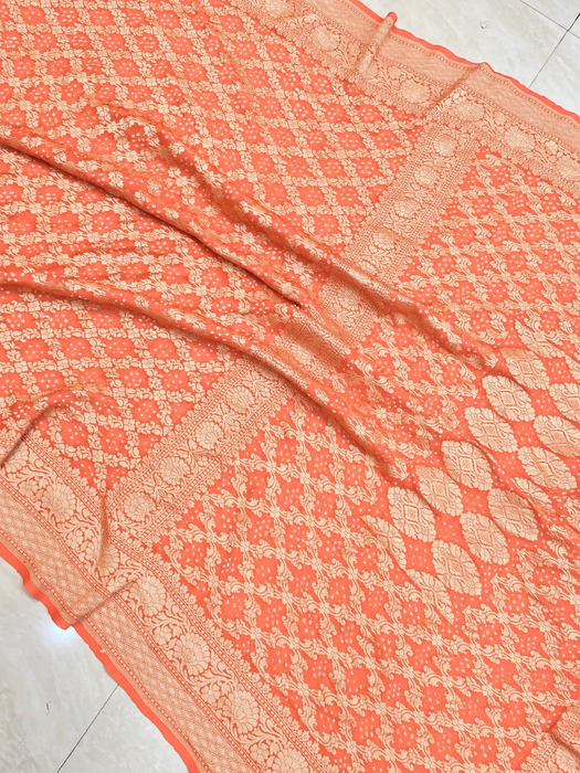 Peach Pure Khaddi Georgette Bandhani Banarasi Saree