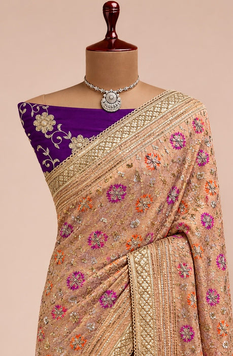 Off white Pure Katan Banarasi Handloom Saree - All over Zardozi