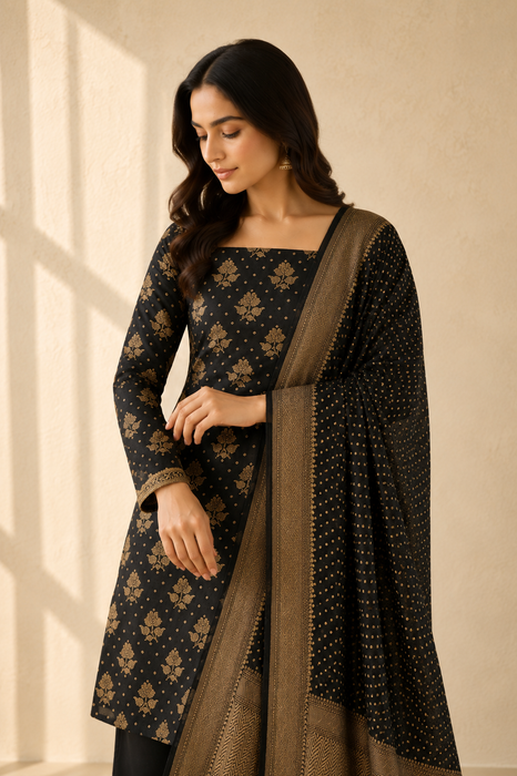 Black Pure Khaddi Georgette Banarasi Suit