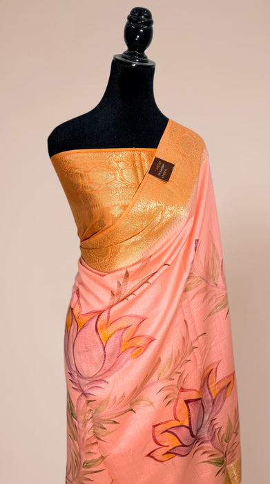 Peach Pure Silk Banarasi Handloom Saree - Hand Painted