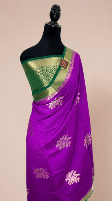 Purple and Green Pure Moonga Banarasi Handloom Saree - Designer Saree
