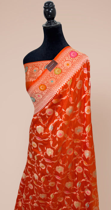 Orange Pure Katan Banarasi Handloom Saree - Meenakari Jaal Work