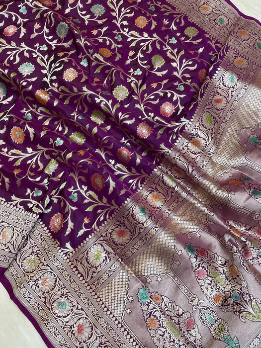 Deep Magenta Pure Katan Banarasi Handloom Saree - Handfilled Meenakari