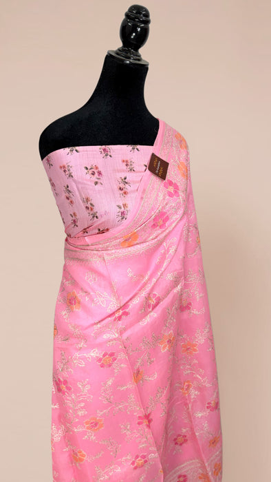 Pink Pure Organza Banarasi Handloom Saree - Chikankari