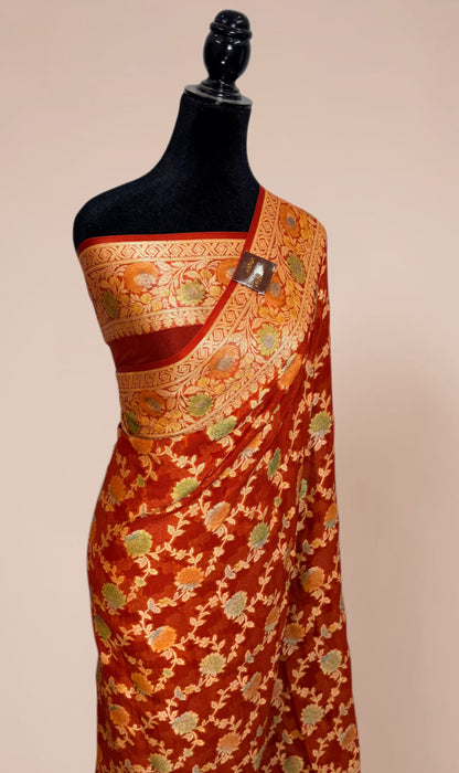 Maroon Pure Khaddi Chiffon Banarasi Saree