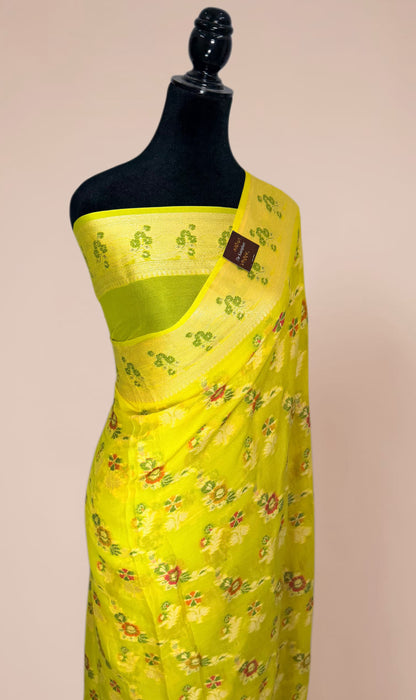 Hazel Yellow Pure Khaddi Chiffon Banarasi Saree