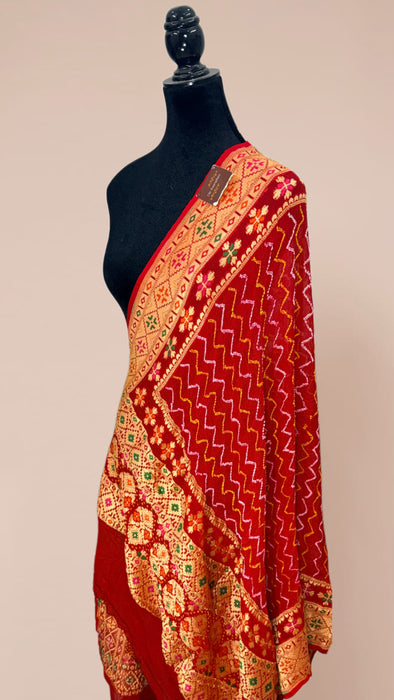 Red Pure Georgette Bandhani Banarasi Handloom Dupatta
