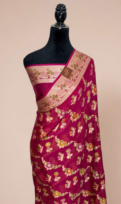 Magenta Pure Khaddi Chiffon Banarasi Saree