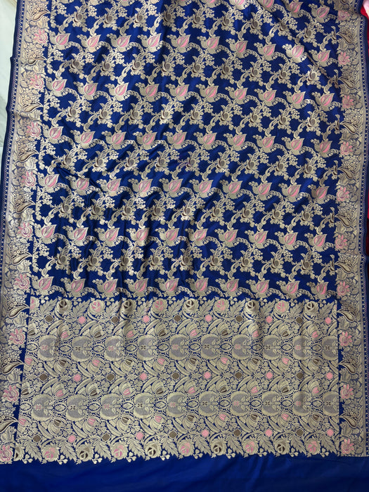 German Blue Pure Katan Banarasi Handloom Saree - Sona Meenakari Jaal Work