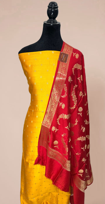 Red and Yellow Pure Chiniya Silk Banarasi Suit - Meenakari