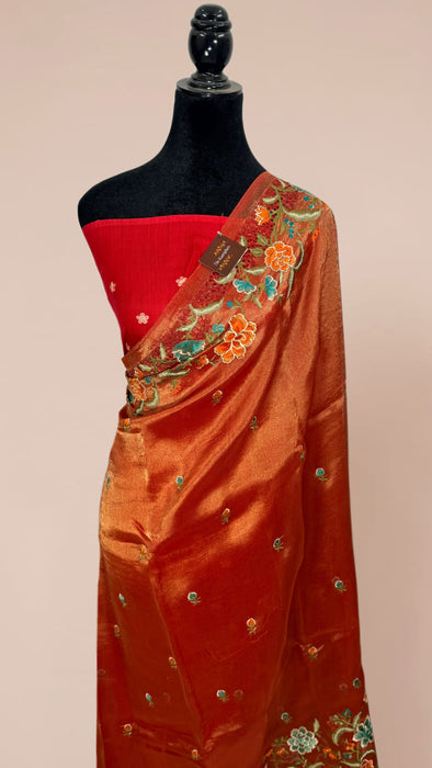 Red Pure Tissue Banarasi Handloom Saree - Chikankari