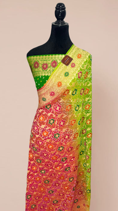 Handwoven Multi shaded Pure Georgette Bandhani Banarasi Saree - Meenakari Work