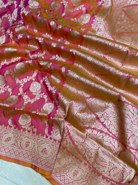 Persian Pink Pure Katan Banarasi Handloom Saree - Sona Roopa Jaal Work