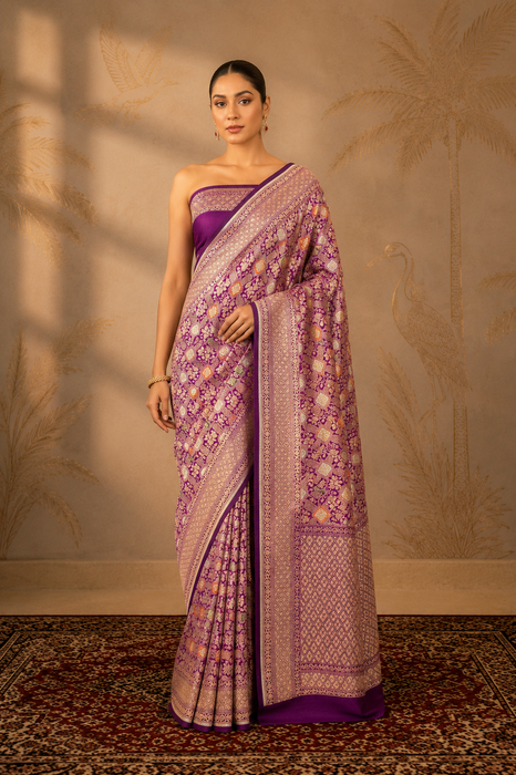 Purple Pure Katan Banarasi Handloom Saree - Tilfi Meenakari Work