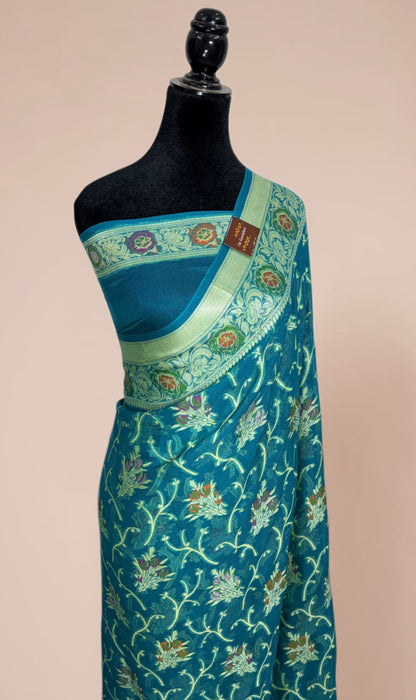 Sea Green Pure Khaddi Chiffon Banarasi Saree