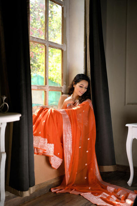 Persian Orange Pure Kadhwa Chiffon Georgette Banarasi Saree