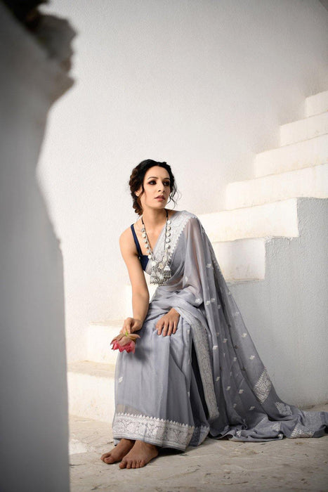Gray Pure Kadhwa Chiffon Georgette Banarasi Saree - Silver Zari