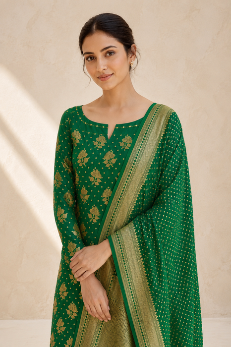Green Pure Khaddi Georgette Banarasi Suit