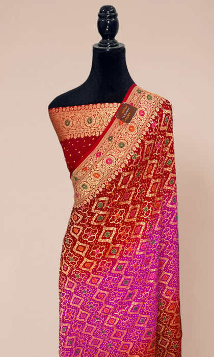 Handwoven Red Pure Georgette Bandhani Banarasi Saree - Meenakari Work