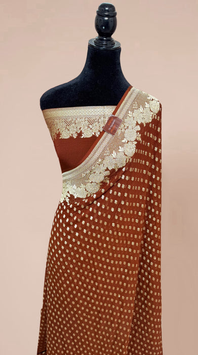 Persian Brown Khaddi Georgette Banarasi Handloom Saree - Water Zari