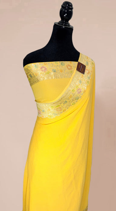 Yellow Khaddi Georgette Banarasi Handloom Saree - Hand Filled Meenakari