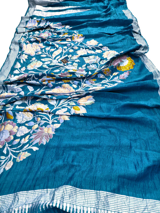 Persian Blue Pure Tussar Georgette Banarasi Handloom Saree - Designer Meenakari