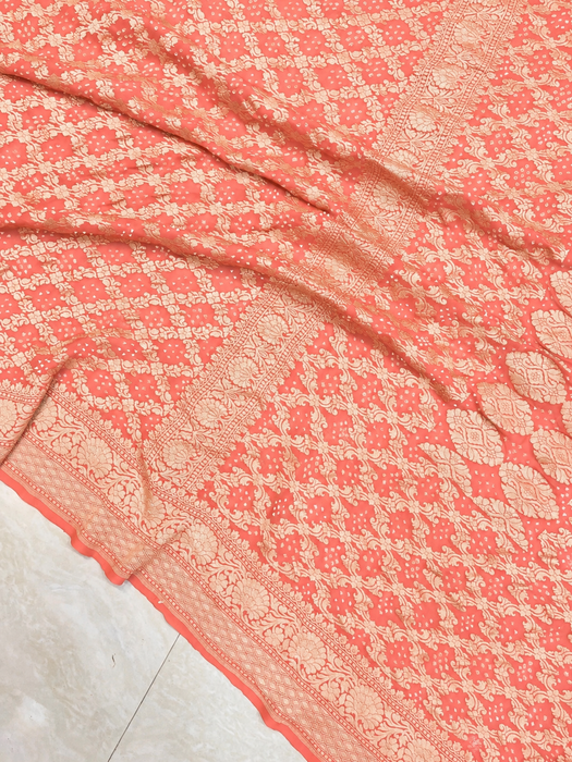 Peach Pure Khaddi Georgette Bandhani Banarasi Saree