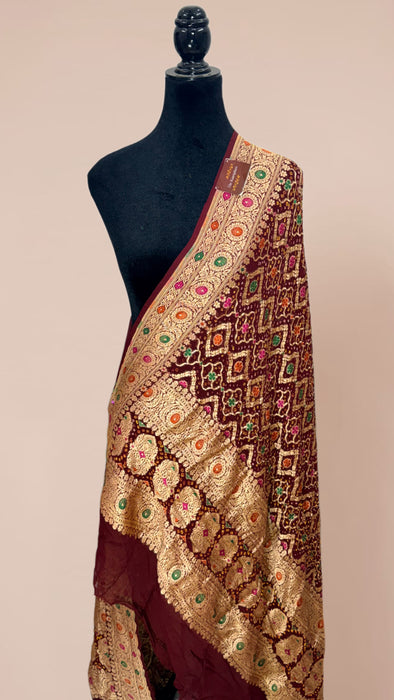 Brown Pure Georgette Bandhani Banarasi Handloom Dupatta
