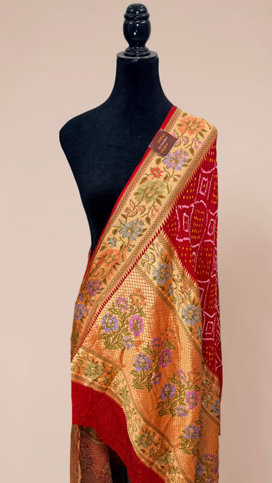 Red Pure Georgette Bandhani Banarasi Handloom Dupatta