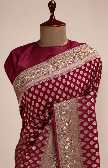 Wine Pure Katan Banarasi Handloom Saree - With Sarowski and Zardozi Work