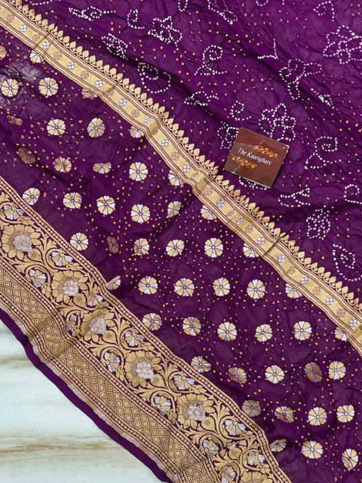 Handwoven Wine Pure Georgette Bandhani Banarasi Saree - All over Bandhani Work