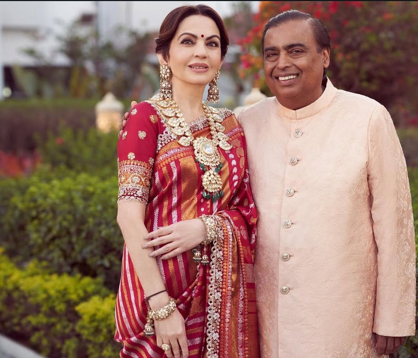 Nita Ambani Red Katan Banarasi Handloom Saree - Kadiyal Sona Roopa Meenakari