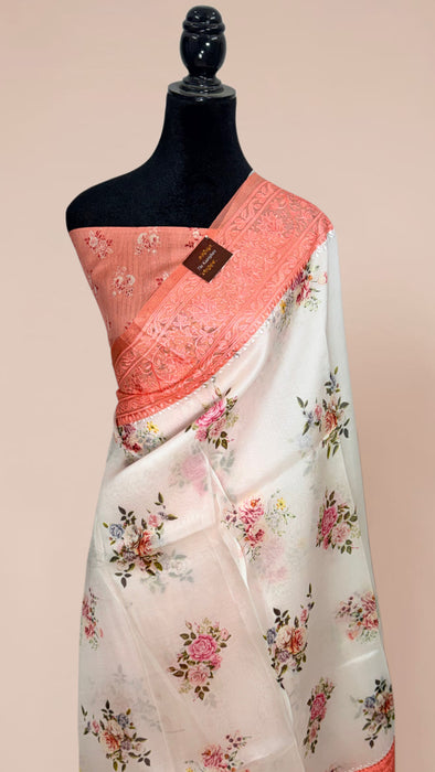 Off White and Peach Pure Organza Banarasi Handloom Saree - Chikankari with Digital Print