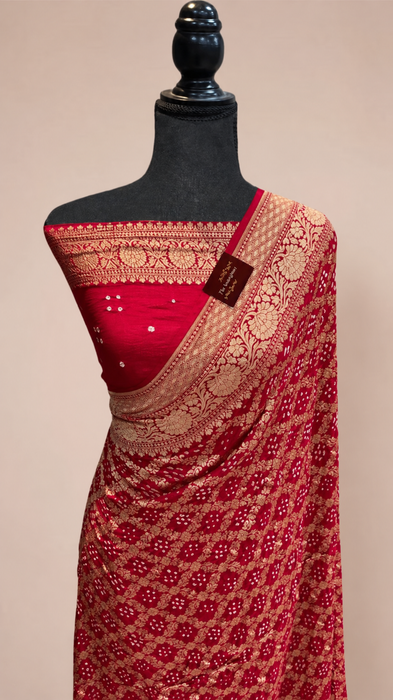 Red Pure Khaddi Georgette Bandhani Banarasi Saree